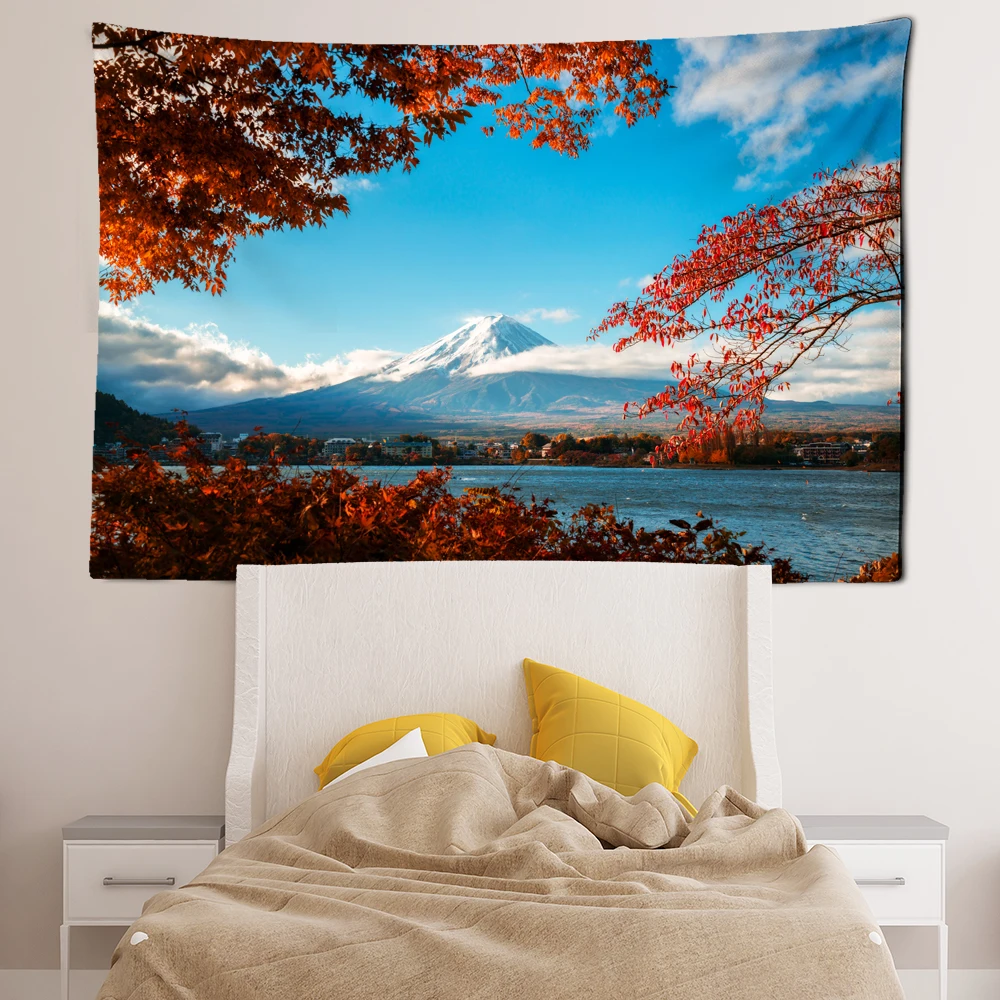 Japanese-style Fujiyama Pink Sakura Tapestry Japan Pagoda Wall Hanging Urban Night View Living Room Bedroom Wall Decor Blanket