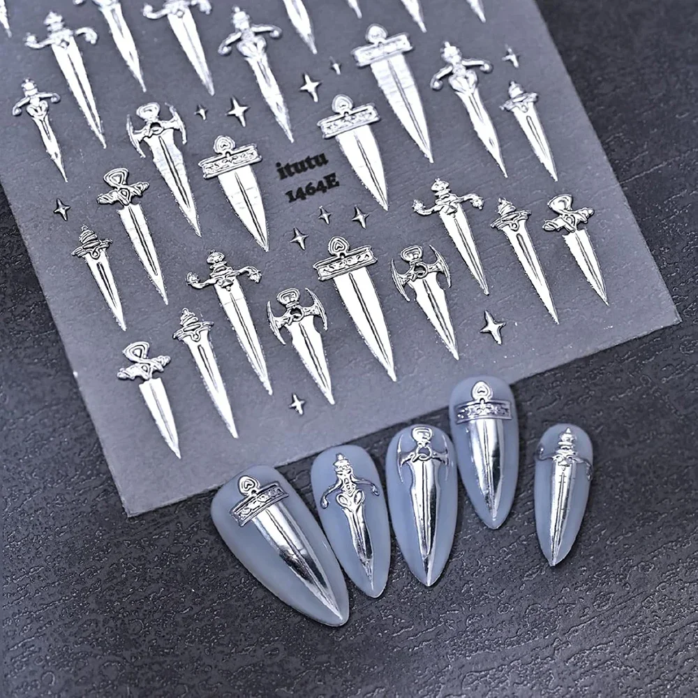 Metallic Gold Silver Embossed Goth Punk Sword Shape Self Adhesive Nail Stickers Retro Manicure Accessories Slider for Nail Art