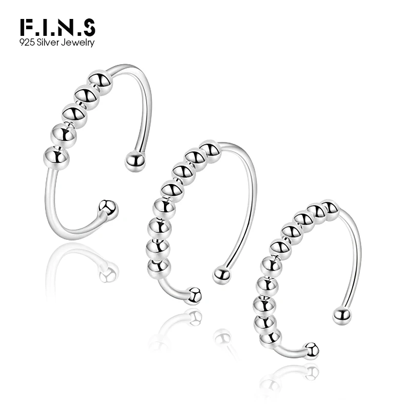 F.I.N.S 925 Sterling Silver Glossy Fidget Beaded Rings For Women Rotate Freely Anti Stress Anxiety Transfer Beads Open Ring