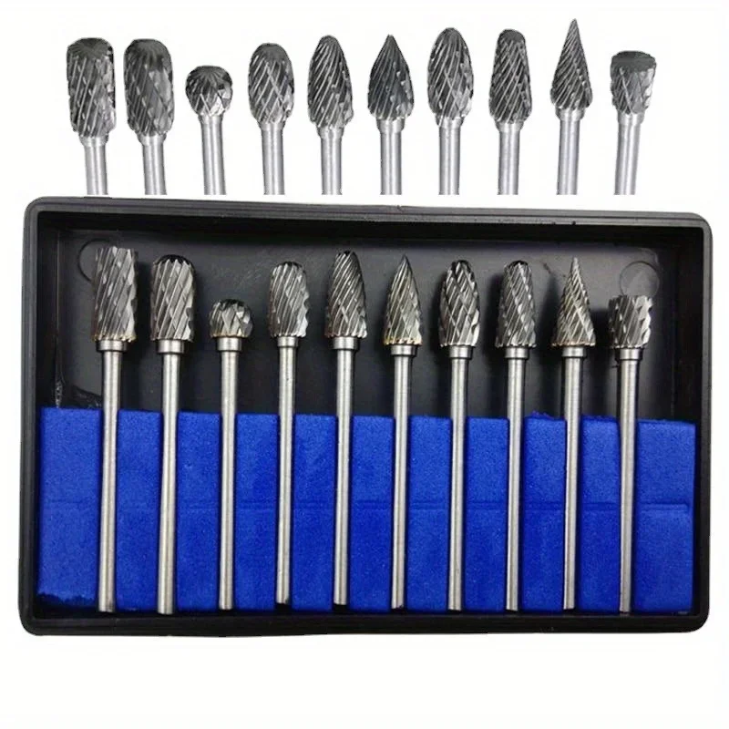 10Pcs/set 1/8" Shank Tungsten Carbide Milling Cutter Rotary Brocas Com Hss Steel Cone Drill Set Diamond Drill 10mm