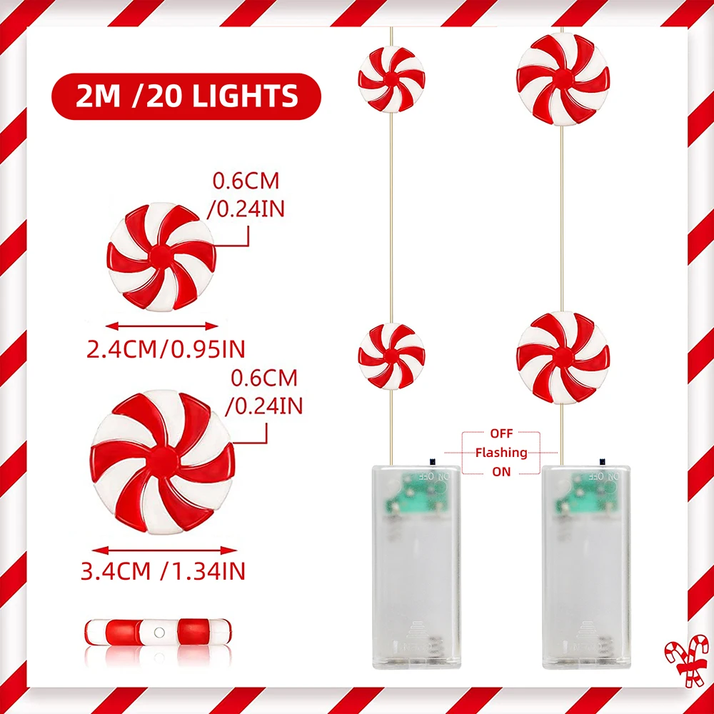 Lampu setrip permen dekorasi bohlam, 2M/20LED untuk rumah ornamen natal hadiah pesta pernikahan Tahun Baru Noel Navidad