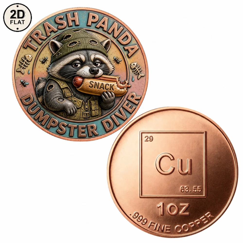 1pc 1oz Fine Copper Trash Panda Dumpster Diver Challenge Coin Cute Raccoon Beanie Vest Snack Souvenir Medal Funny Wildlife Gifts