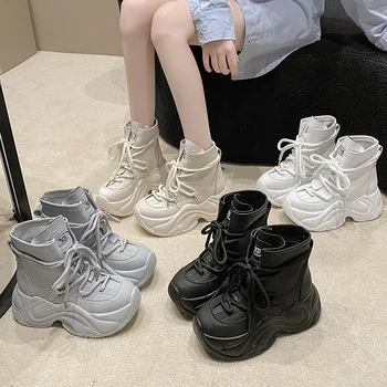 여성용 하이탑 운동화, 두꺼운 밑창, 인스타그램 트렌드, 라운드 헤드, 캐주얼 스포츠 신발, 8cm 플랫폼 레이스업 신발, 가을 겨울