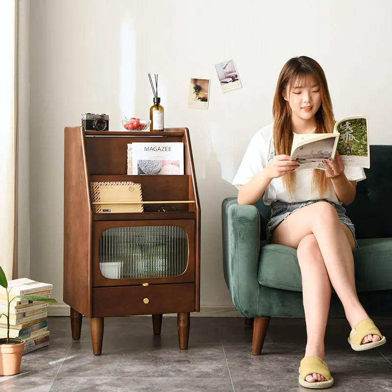 Solid wood bookcase modern, simple floor shelf living room, magazine cabinet small apartment bedroom narrow cabinet