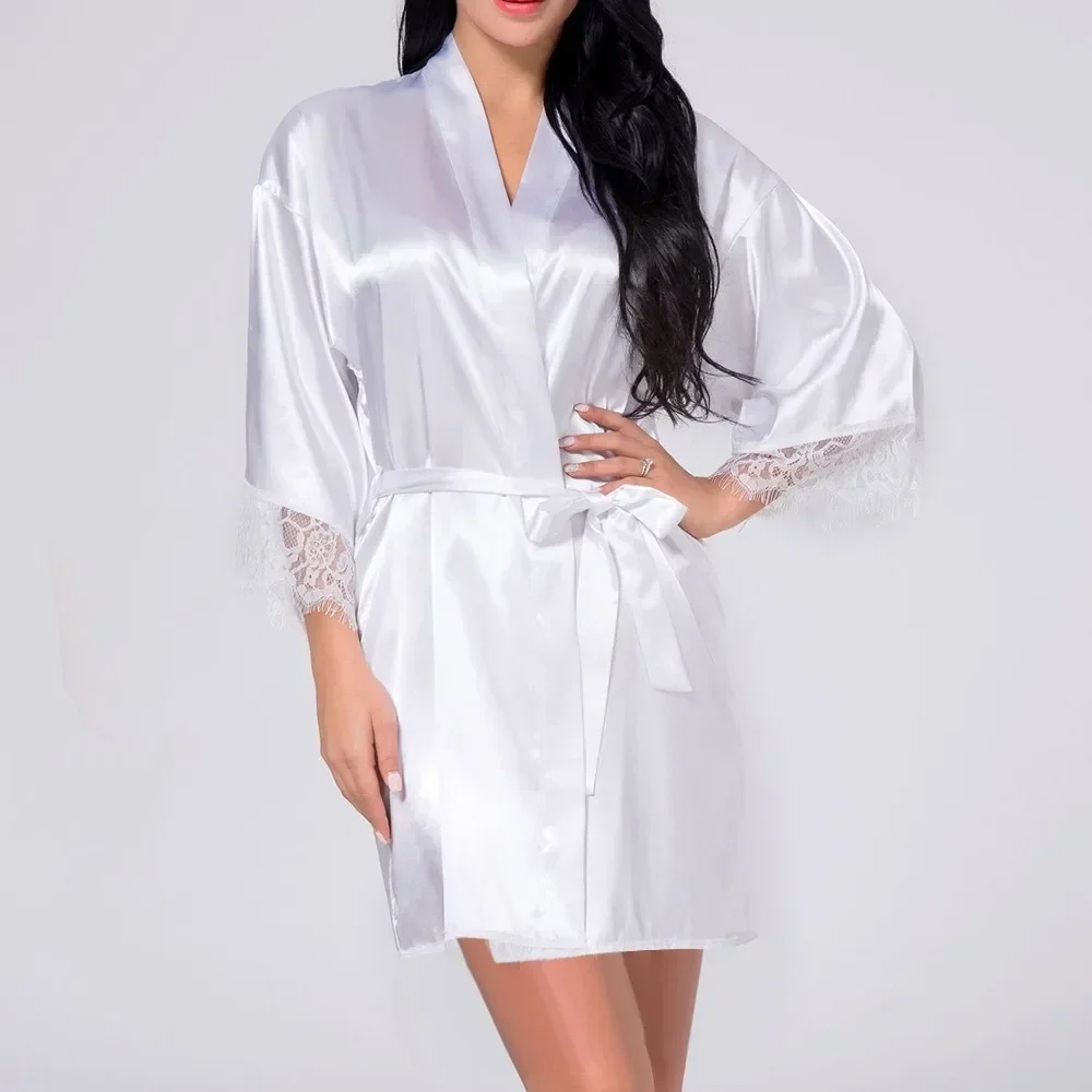 Chemise de nuit sexy en dentelle à lacets pour femmes, lingerie en satin, robes soyeuses, vêtements de nuit, Kimonos, document solide, peignoir féminin