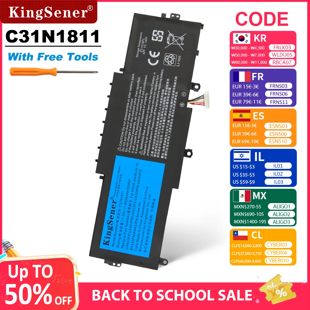 KingSener C31N1811 Laptop Battery For ASUS BX433FN UX433FN-2S For ZenBook 14 UX433F UX433FA-A5046R 0B200-03080000 4335mAh 50WH