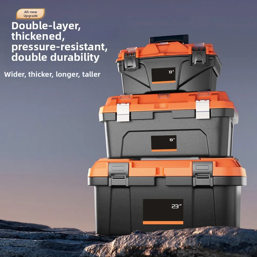 Reinforced Double Layer Toolbox with Multiple Storage Bins for Organized and Reliable Storage Solution for Tools