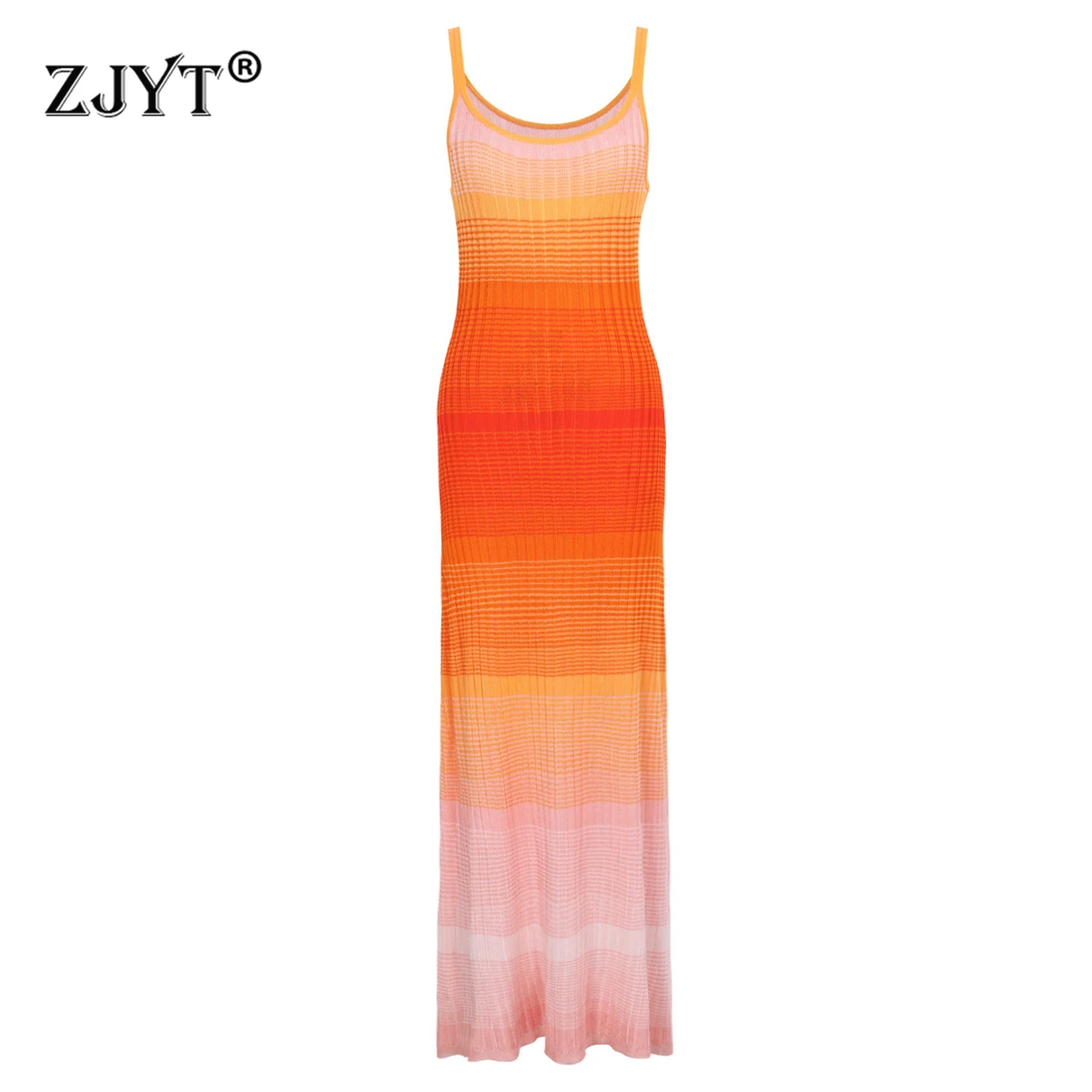

ZJYT Women's Summer Fashion Spaghetti Strap Gradient Long Knitting Dresses Elegant Sleeveless Holiday Beach Dress Female Vestido