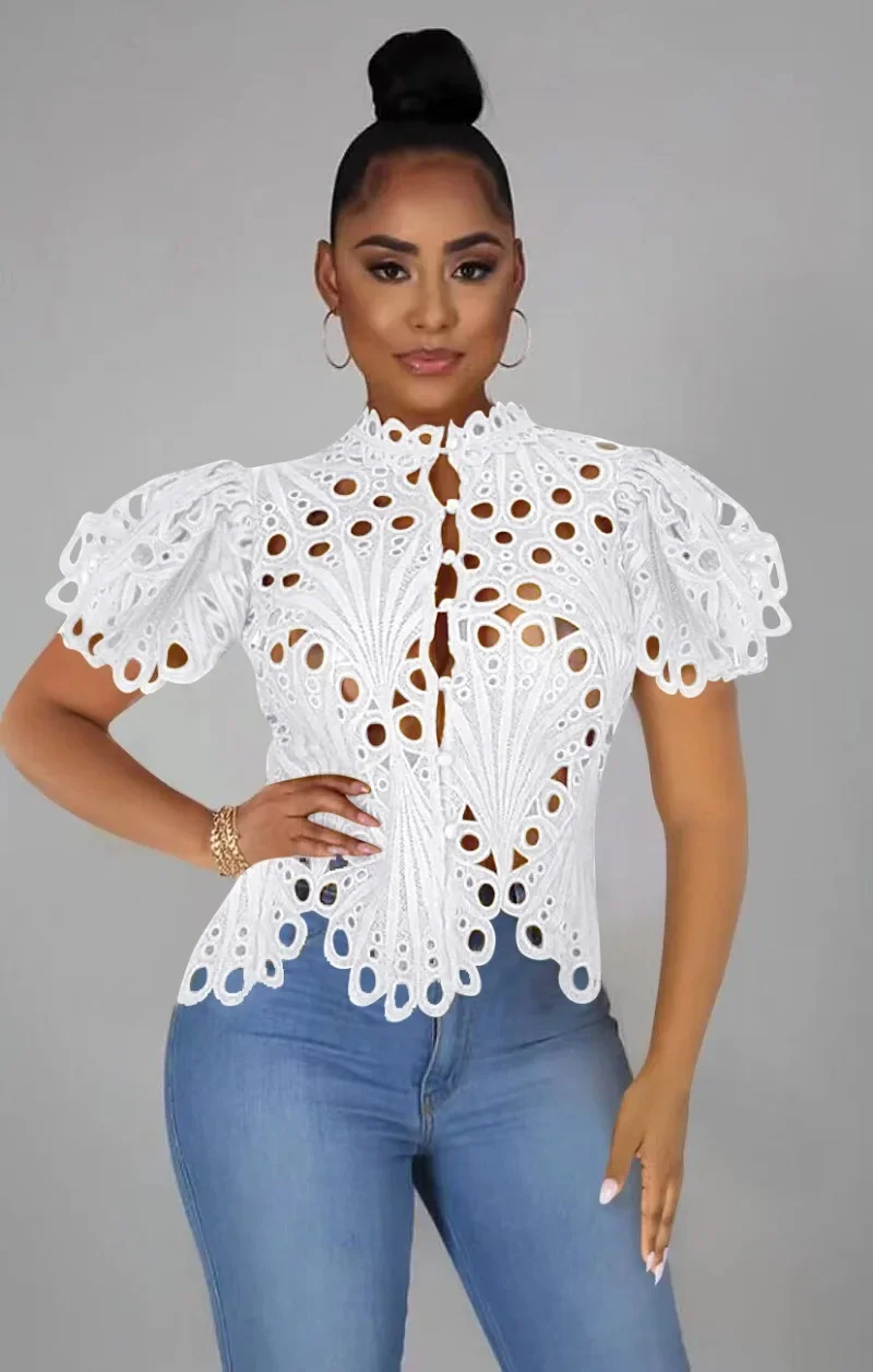 

KEXU Elegant Floral Lace See Though Short Sleeve Single Breasted Women Shirt and Blouse Tops