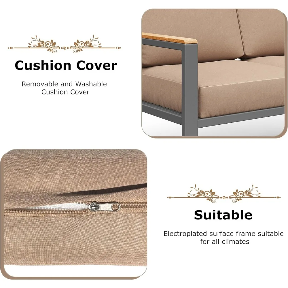4-Piece Outdoor Patio Furniture Set, Metal Conversation Set with Cushions & Wood-Like Armrests, Modern Patio Sectional image 4