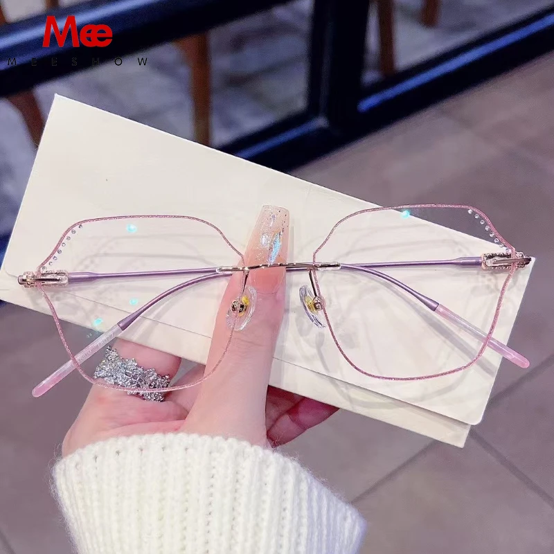 Meeshow Brans Rimless Titanium Eyeglasses Glitter Edge Women Ochelari Glasses Girl Customize Shape Myopic Prescription Lenses