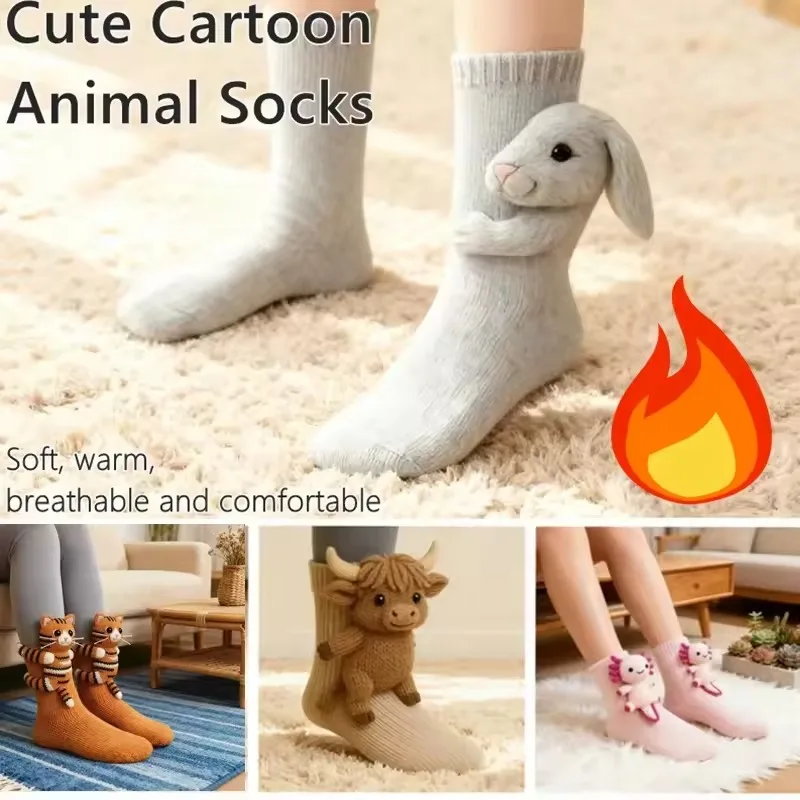

3D Knitted Animal Socks Cute Double Layered Warm Floor Socks Hand Crocheted Home Thickened Anti Slip Christmas Party Gift