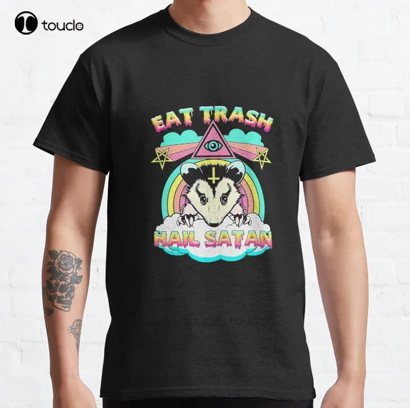 New Eat Trash Hail Satan Raccoon Pentagram Satanic Garbage Gang Classic T-Shirt Cotton Men Tee Shirt Womens Graphic Tshirts