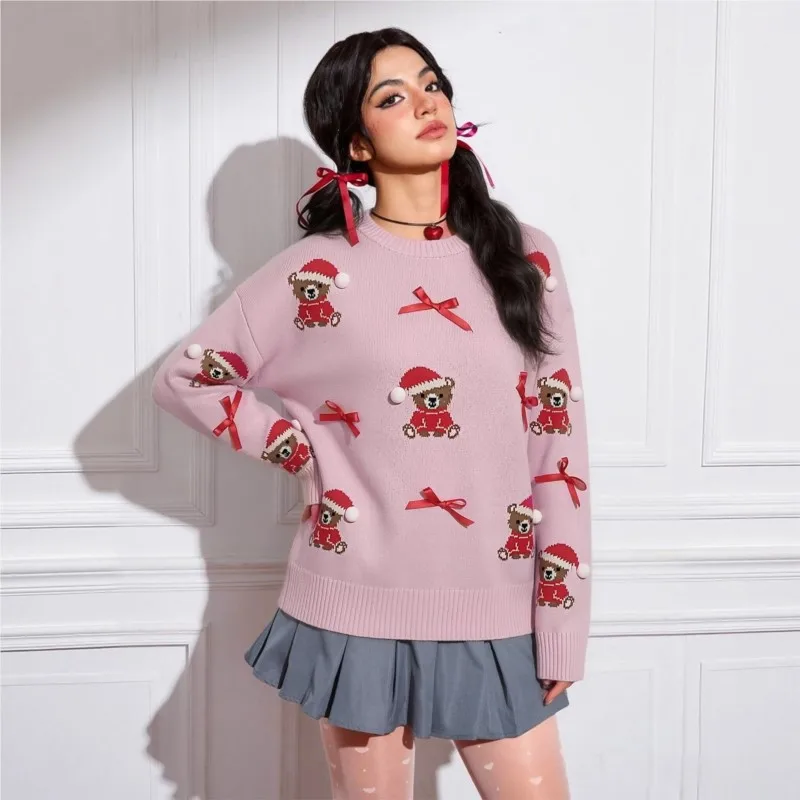 MsChuh Casual Women's Jumper All-match Loose Simple Sweater Cute Pulls Femmes Playful Festival Dress Up Party Bowknot Christmas