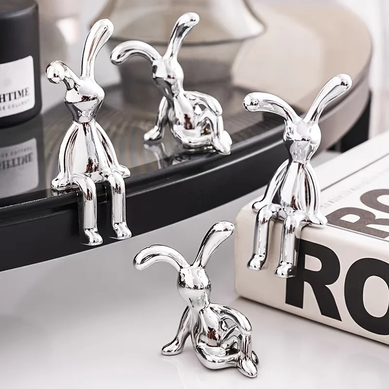 Modern silver plated resin rabbit ornament 2-piece set, rabbit handicraft handle accessories, household paper box accessories, s