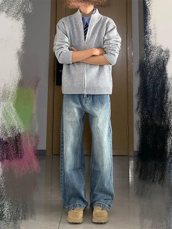

Blue Bamboo Bud Pattern Fleece Lined Men's Straight Leg Jeans Cleanfit Flared Pants Casual Wear Breathable Warm Youthful Style