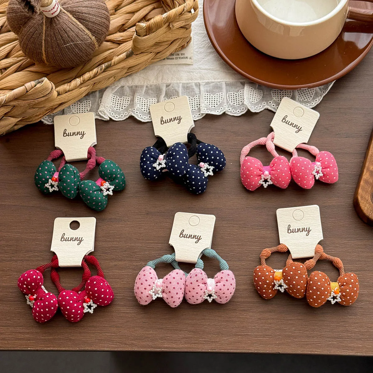 2pcs Girls Hair Rope Tie Korean Polka Dot Bow Cute Sweet Elastic Hair Band Sweet Ponytail Holder Rubber Band Headband