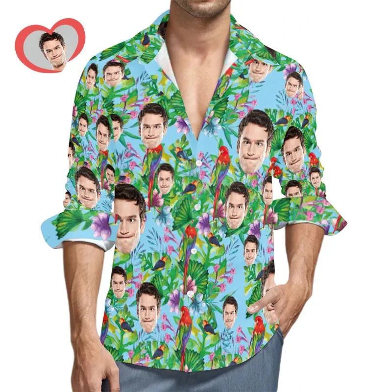 Hawaiian Custom Avatar 3D Print Shirts For Men Funny Birthday Gift DIY Photo Long Sleeve Blouses Women Couple Anniversary Tops