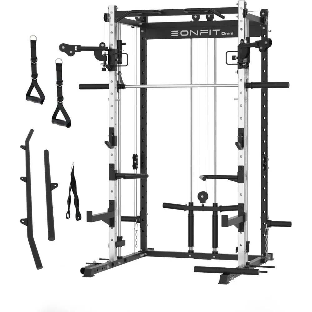 

Squat Power Rack with Smith Machine, Home Gym Power Cage with Pulley System, Cable Crossover and LAT Pulldown