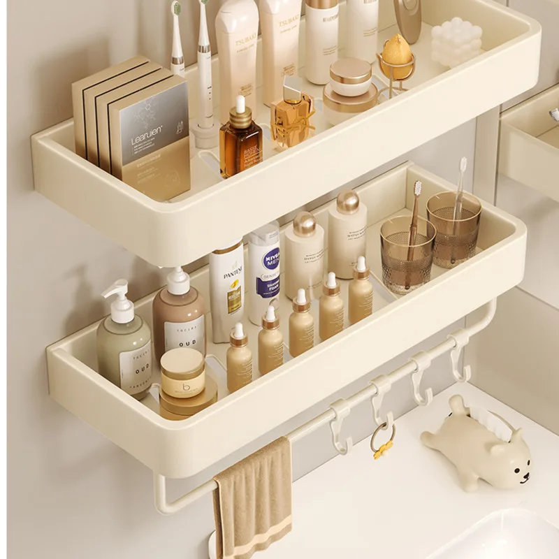 Bathroom Storage Rack Washbasin Toilet Restroom Non Perforated Cream White Wall-mouted Shelf With Rod Hooks Hanging Organizer