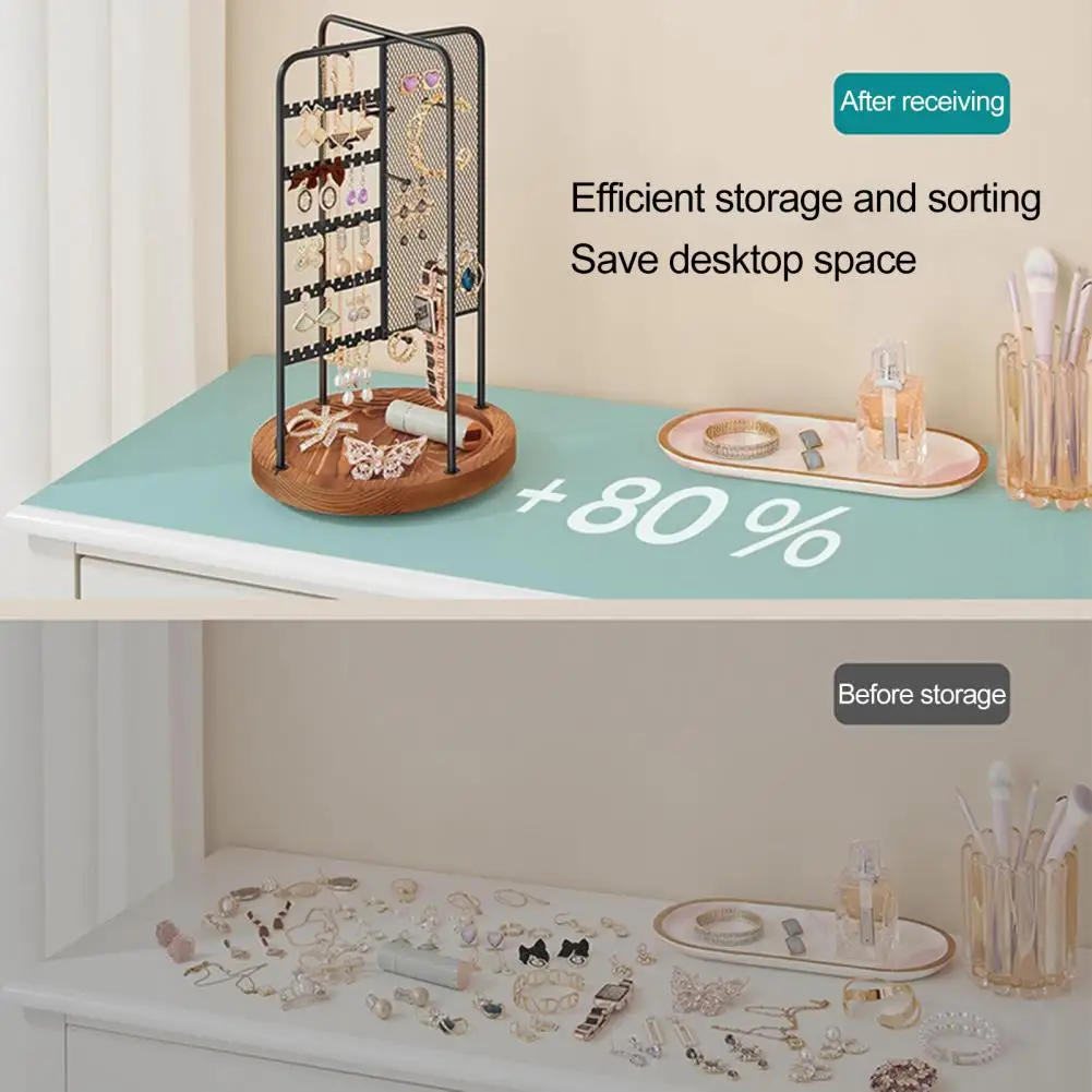 Necklace Organizer Swivel Rack 360-degree Rotating Jewelry Display Stand with Wooden Base Multi-layer Metal Necklace for High