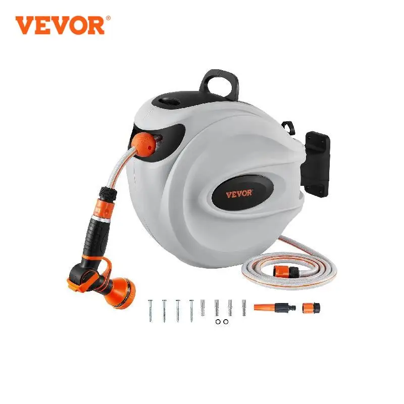 VEVOR Retractable Hose Reel1/2 inch 180° Swivel Bracket Wall-Mounted Garden Water Hose Reel with 9-Pattern Nozzle and 3 Fast