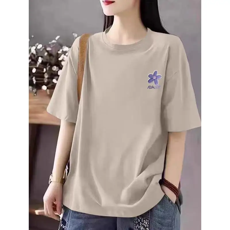 Casual round Neck Short Sleeve Women's T-shirt Artistic Vintage Match All Medium And Elderly People Inner Wear Summer Top