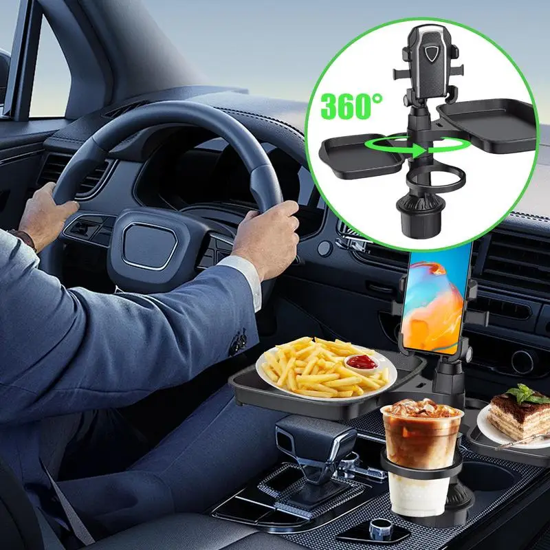 Cup Station For Car 4-in-1 Car Swivel Tray Adjustable Travel Food Table Tray Multifunctional Car Holder Expander 360-degree