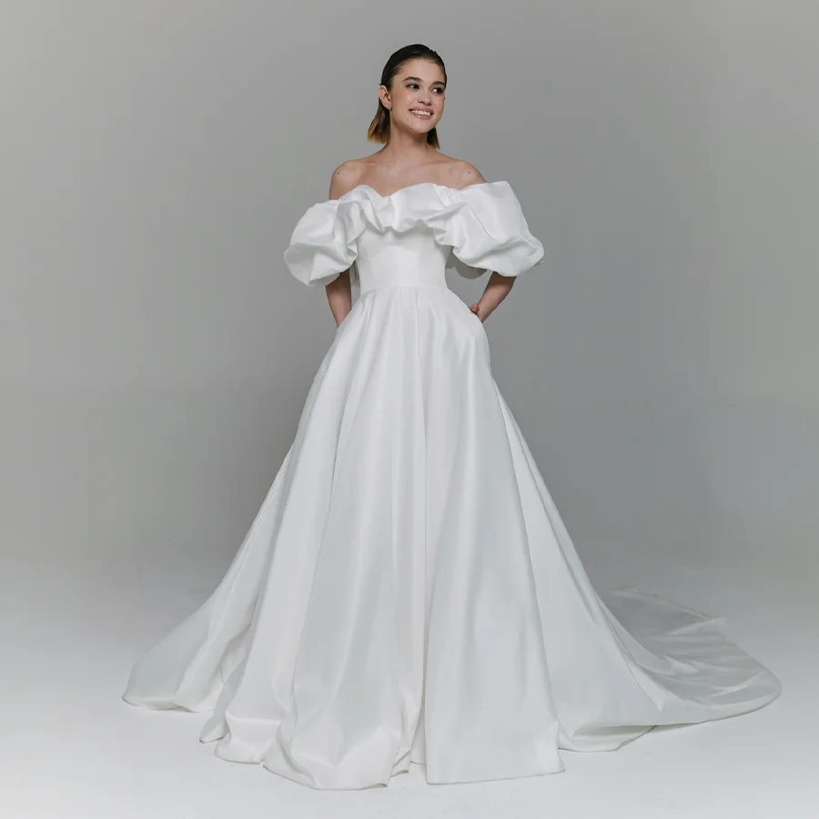 

Shiny Pleated Satin Wedding Dress Features Pockets And Off-the-Shoulder Straps Elegant Bridal Gown with Court Train for Women