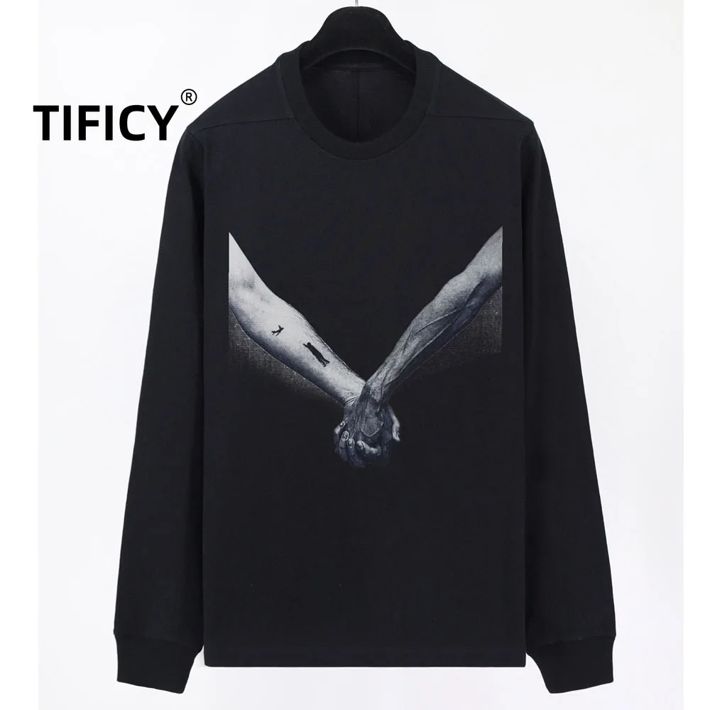 

High Street Tees Tshirts Ro Style Dark Men's Handshake Printed Custom Fabric Long Sleeve Sweatshirts Tops T-shirt