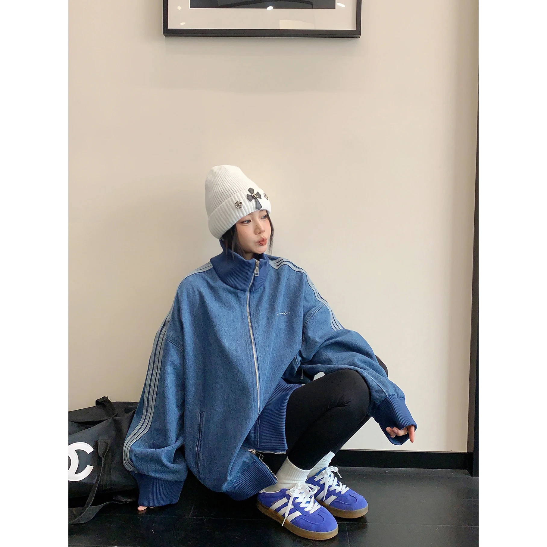 

Retro American Sle Heavy Wear Resistant Distred Denim Jaet Loose Fit Stand Collar Korean Sle Women's Faion Top