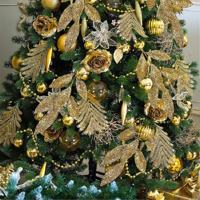 Golden Artificial Plants Christmas Decorations Glitter Powder Bouquet Branch Flower Xmas Tree Wreath for Home Wedding Decor