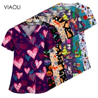 Uniforme quirúrgico con estampado navideño para mujer y hombre, Camiseta con cuello en V, uniforme de belleza, enfermera