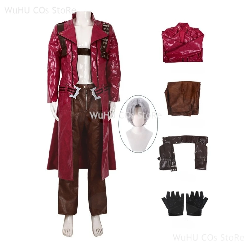 

Game Dante Devil3 May Cry Cosplay CoatPu Leather Suit Halloween Wig Men Halloween Dante Cosplay Red Windbreaker Roleplay Suit