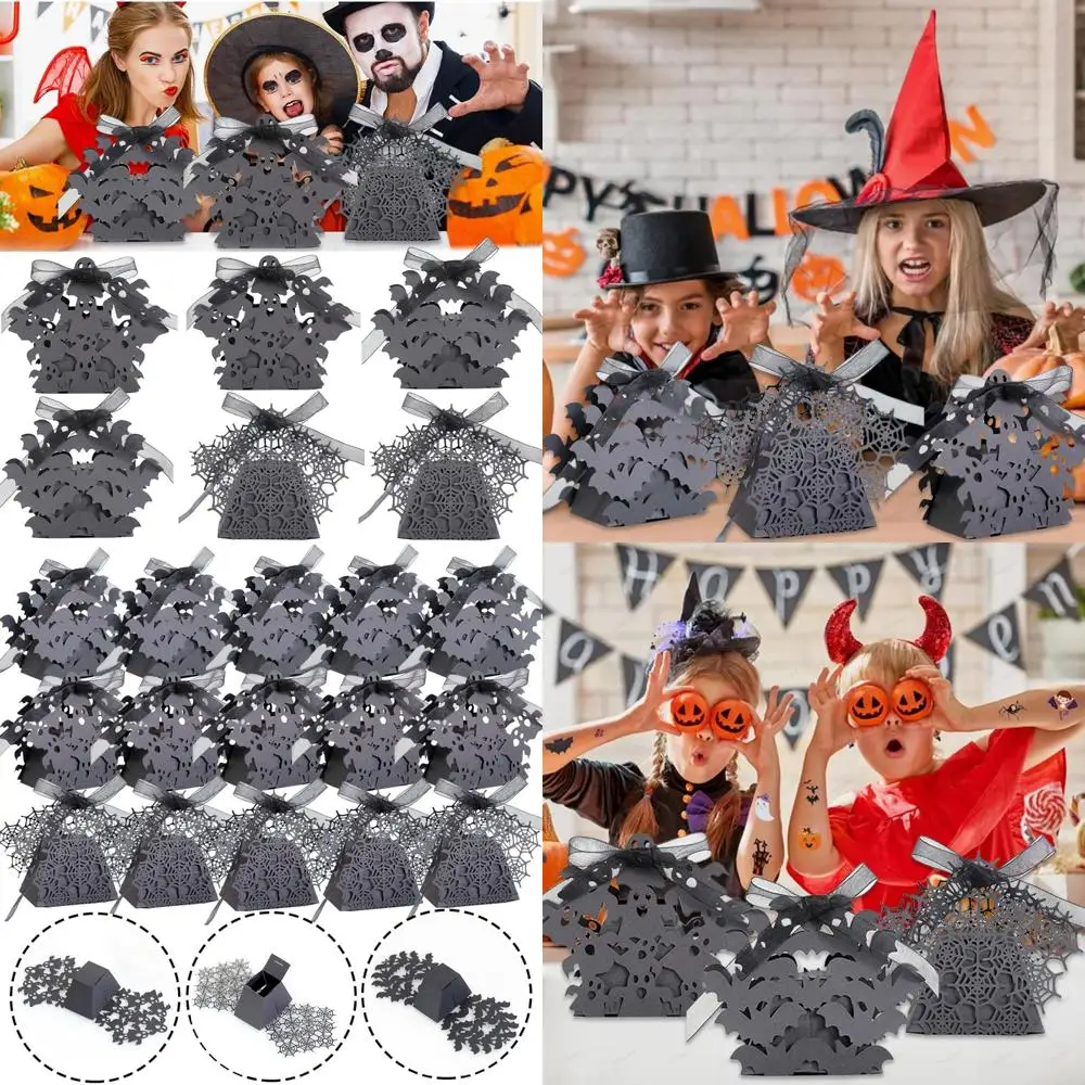 15 Uds. Cajas de regalo negras para fiesta de Halloween, caja de regalo para galletas de caramelo y murciélago fantasma, cajas de recuerdos de telaraña, Choco de cartón troquelado hueco