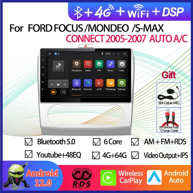 Car GPS Navigation For FORD FOCUS /MONDEO/S-MAX/CONNECT 2005-2007 Android 12 10.1'' Radio Stereo Multimedia DVD Player