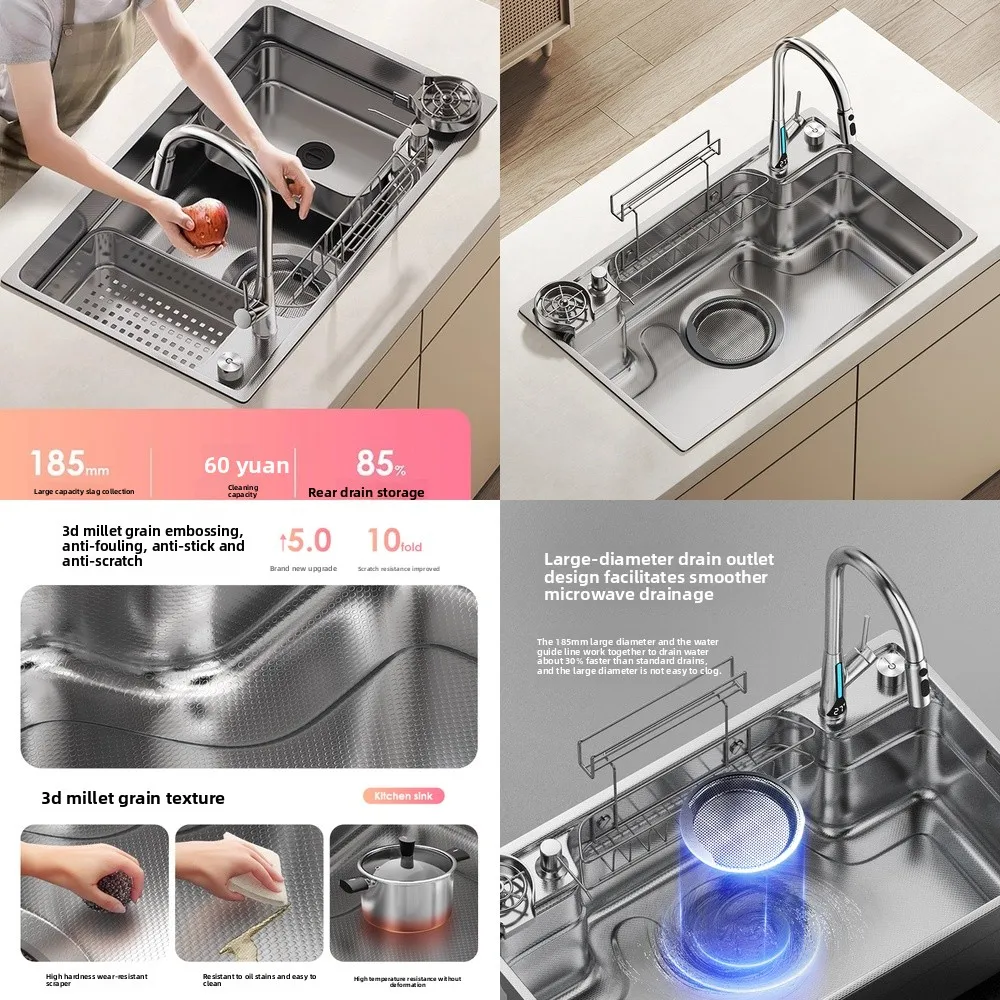 

German Household Sink Stainless Steel Japanese Style Large Bowl One Piece Molded Xiaomi Grain Texture 304 Stainless Steel