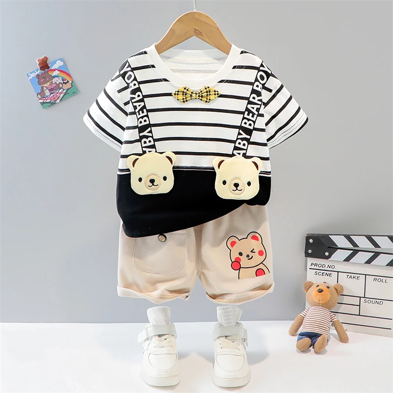 

2022 Summer Baby Boys Girls Clothing Sets Toddler Infant Stripe T Shirt Shorts Cartoon Bear Kids 2 Pieces Suit Child Outfits