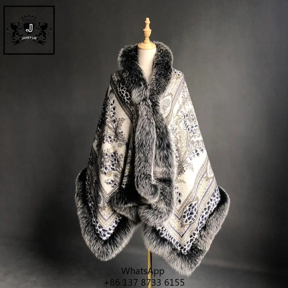 Women's Real Fur Poncho Genuine Fox Fur Collar Trim & Wool Cashmere Cape Fashion Style Winter Thick Warm Fur Scarf