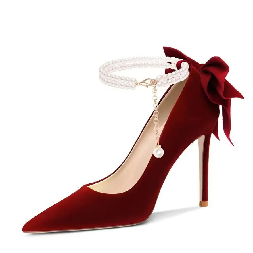 New Autumn Women Sweet Bowknot High Heels Shoes Pointed Toe Stiletto Wedding Sexy Party Pumps Korean Soft Flock Dress Ladies Red