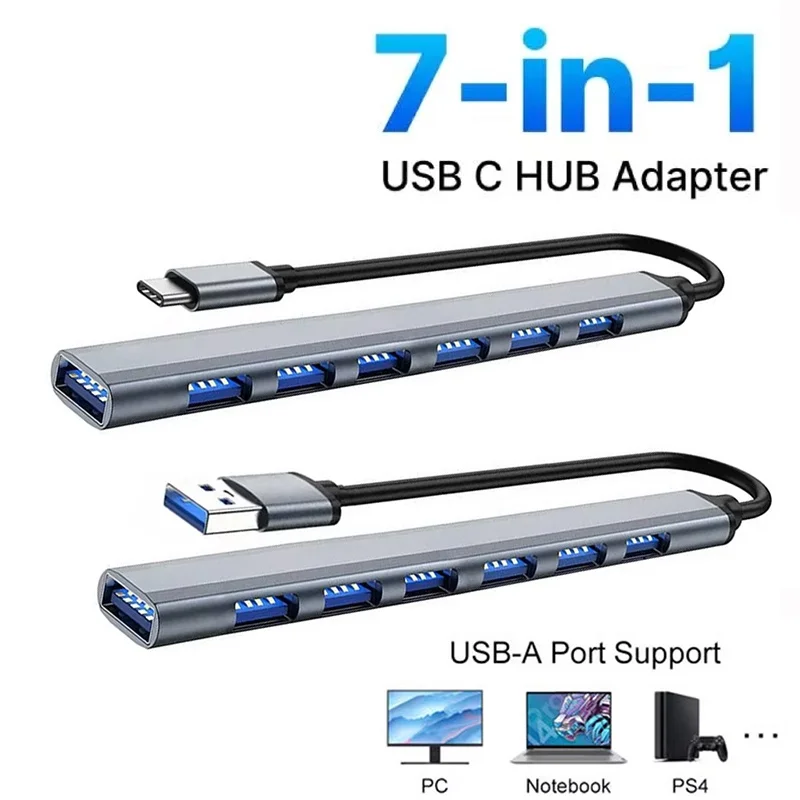 7-in-1 USB-C Dockingstation USB 3.0 Hub Typ-C Hub Adapter 5Gbps Hochgeschwindigkeits-USB-C-Splitter OTG-Adapter für PS4 Laptops Macbook
