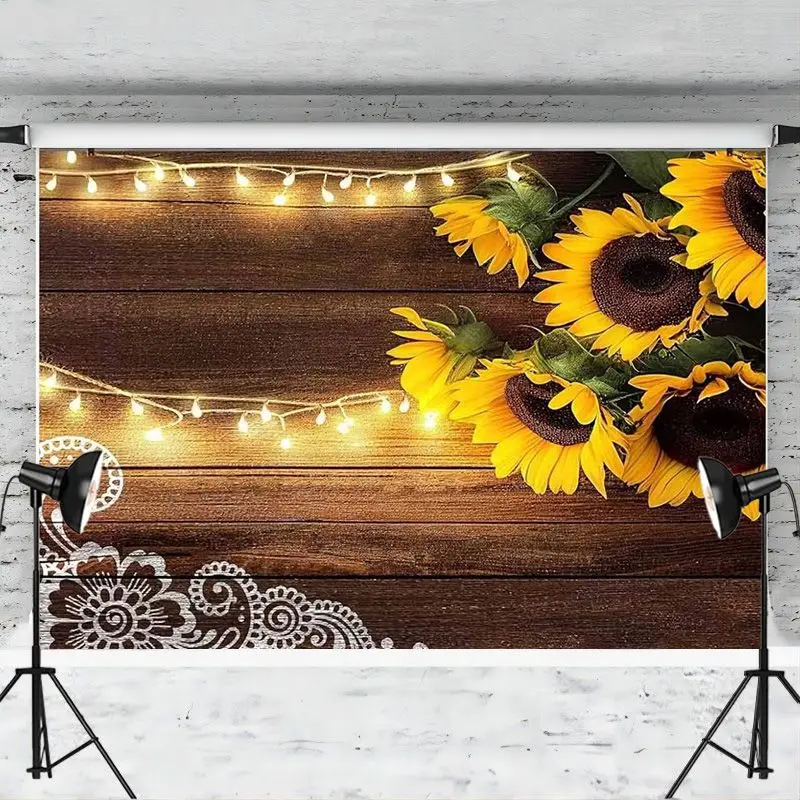 Sunflower Backdrop Farmhouse Floral Wooden Lights Birthday Bridal Wedding Anniversary Photography Background Party Decoration