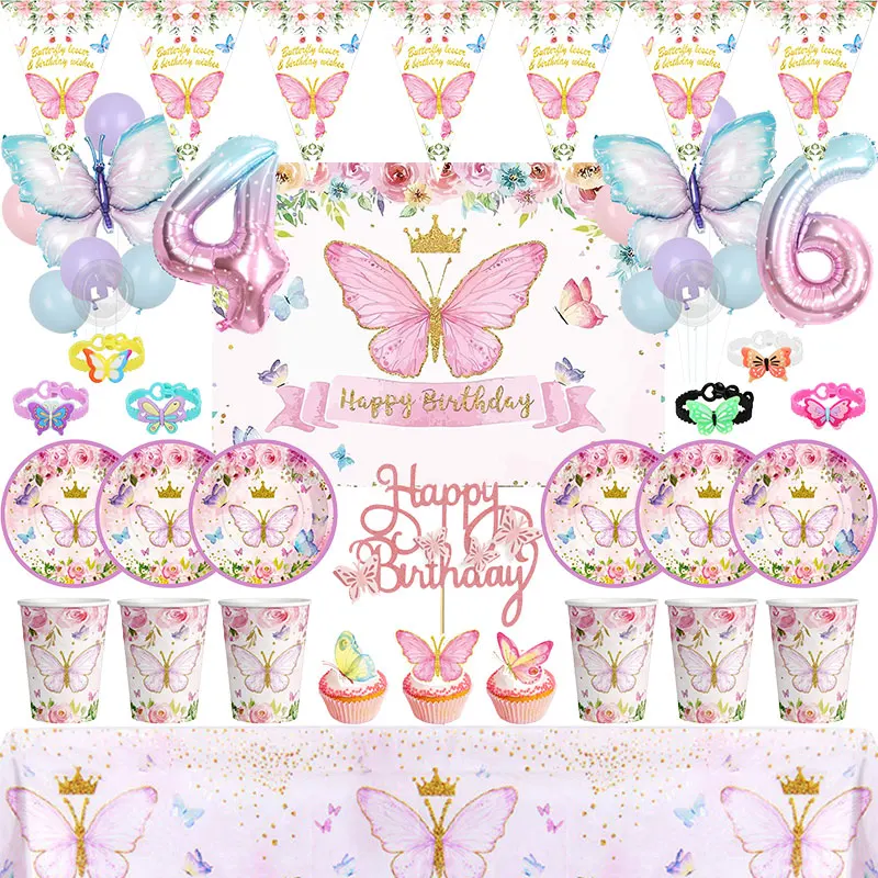 Purple Pink Butterfly Birthday Party Decoration Butterfly Theme Tableware Paper Cups Plates Balloons Party Supplies For Girls