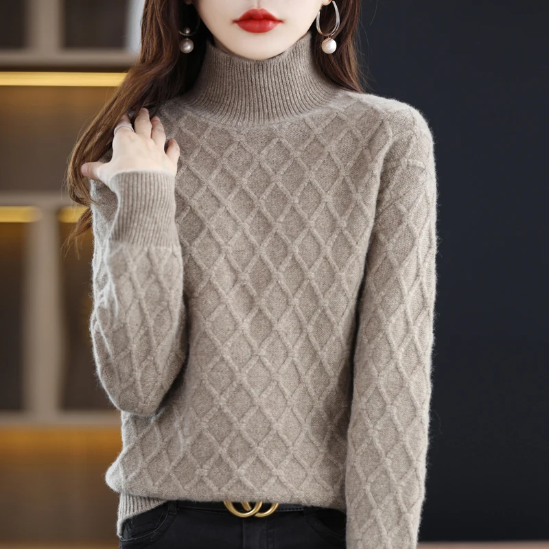 

Autumn Winter 100% Pure Wool Ladies Turtleneck Pullover Slim Knit Tops Oversized Female Sweater Long Sleeve