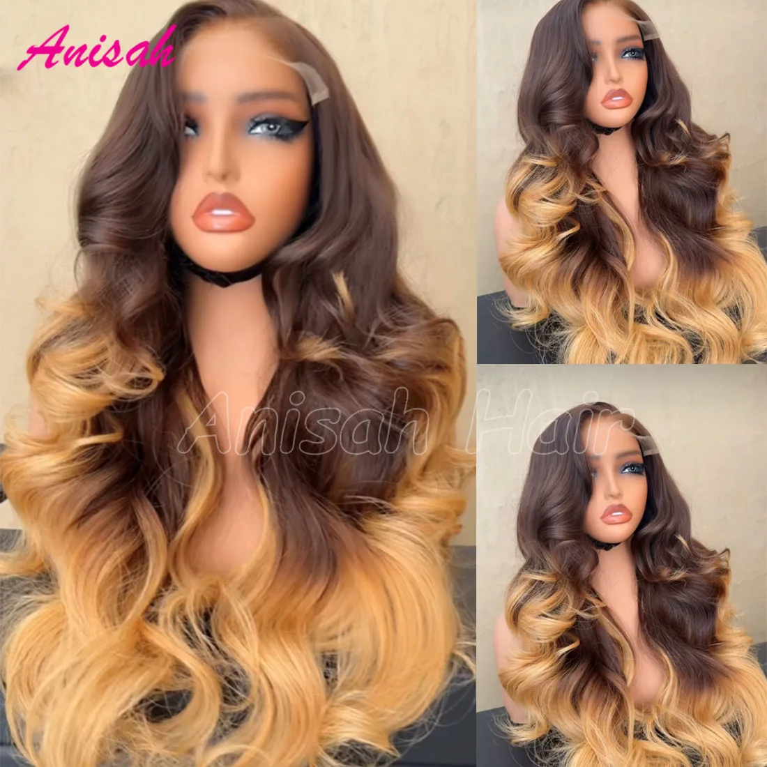 

Бразильский Ombre Two Tone 13x4 Парик Фронта Шнурка Человеческие Волосы Предварительно Сорванные Объемные Волны Медовый Блондин Бесклеевые Парики Фронта Шнурка для Женщин