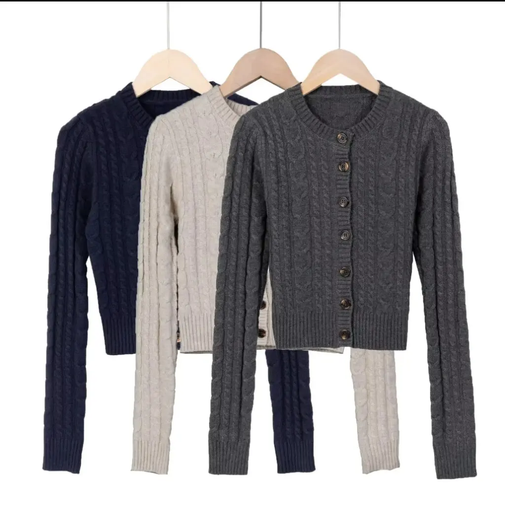 

Women's Short Knitted Cardigan Coat Autumn Fashion American Style round Neck Single-Breasted Long Sleeve Twist Sweater Top