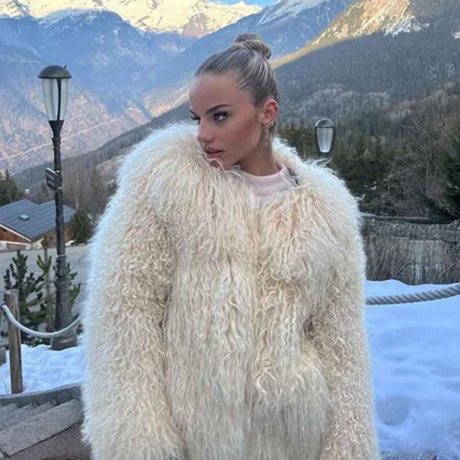 

Women's Mongolian Sheep Fur Coat with Round Collar High Quality Winter Short Fluffy Jacket Luxury Tibetan Lamb Fur Coat