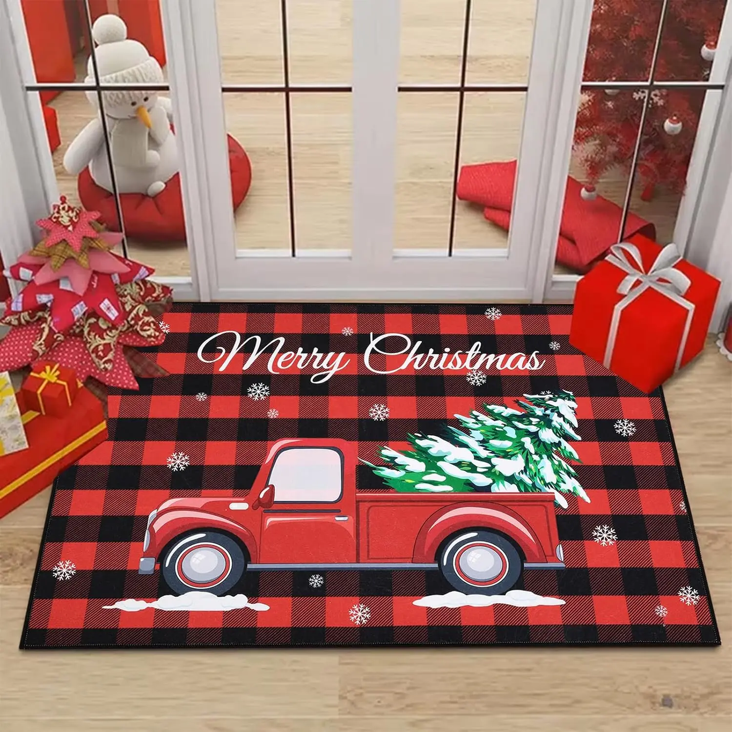Merry Christmas Red Truck Buffalo Plaid Non-Slip Xmas Tree Door Mat Washable, Low Profile Entrance Floor Mat for Home Festival