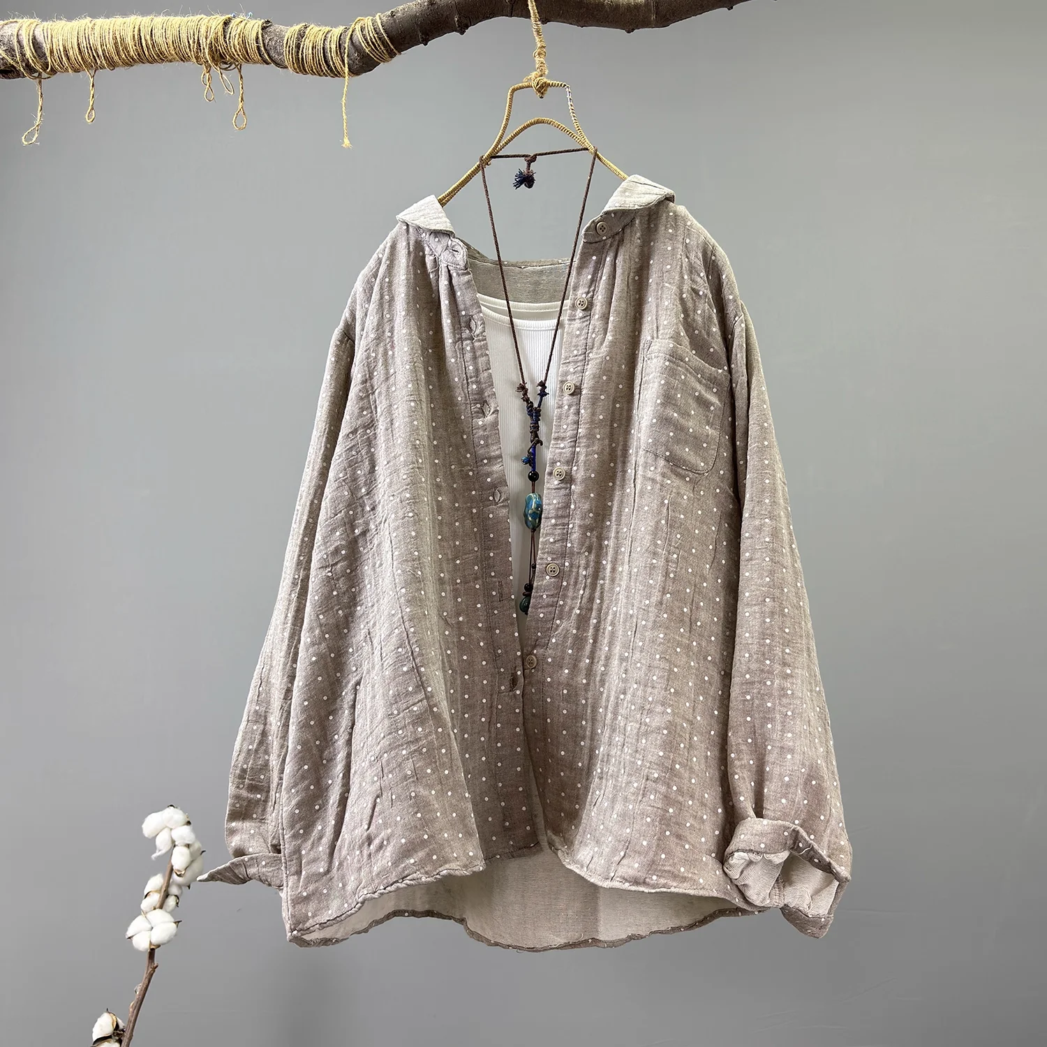 Busto 118cm plus size camisas de bolinhas para mulheres outono 100% fio de algodão macio blusas de manga longa quente único breasted outwear