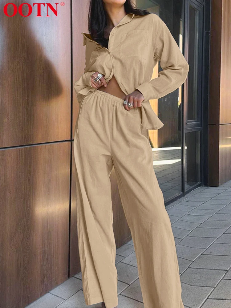 OOTN Fashion Women Suits Two Piece Sets Khaki Single Breasted Long Sleeve Tops Cotton Linen Pants Suit Solid 2024 Autumn Casual